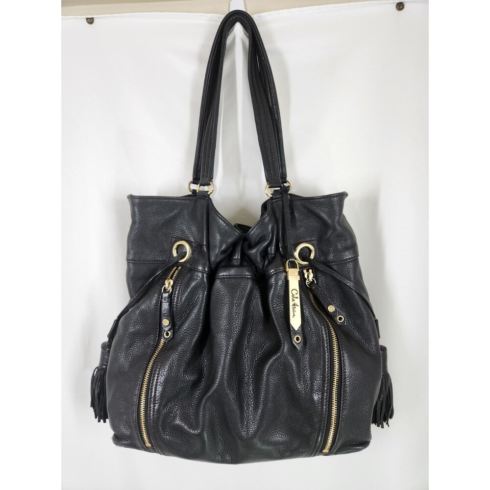 Cole Haan Black Large Pebbled Leather Shoulder HandBag Tote Tassels Cinch Top
